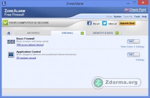 Základní rozhraní firewallu ZoneAlarm Free