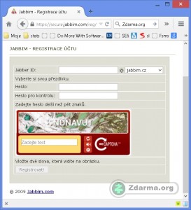 Registrace účtu na webu. Registrovat lze i přes klienta v PC.