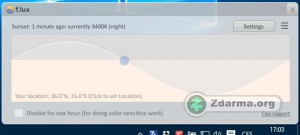 F.lux se zobrazením fáze slunce a aktuálního nastavení teploty barev